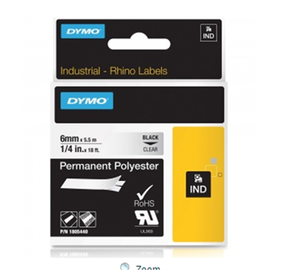 Páska Dymo 1805440 (Černý tisk/průsvitný podklad) 5.5m, 6mm, RHINO permanentní polyesterová