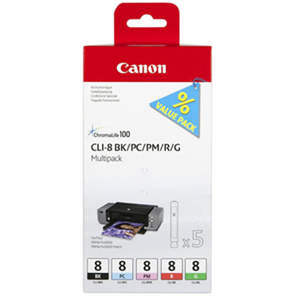 Zásobníky - Multi Pack Canon č.8 - CLI-8BK/PC/PM/R/G (černé, sv. azurové, sv. purpurové, červené, ze