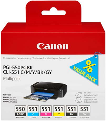 Zásobníky - Multi Pack Canon č.550, č.551 - PGI-550+551CMYBkGy (Černé, foto černé, azurové, purpurov